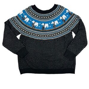 Holiday Time Sparkly Sweater Sz‎ 1X Fair Isle Polar Bear Black Blue Lurex Thread